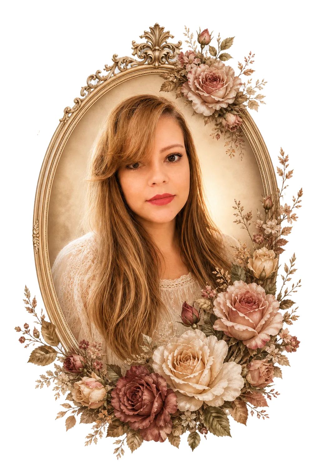 Retrato da Dra. Phaula Ferreira em moldura floral vintage
